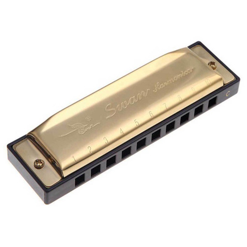 Swan Harmonica 10 Holes Key of C GOLDEN with Case Blues Harp Metal Steel NEW