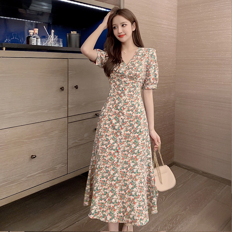 Đầm voan hoa dáng dài cổ chữ V thời trang Pháp hàng mới 2022