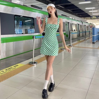 Remolacha | noémie dress - đầm caro xanh chất vải dày