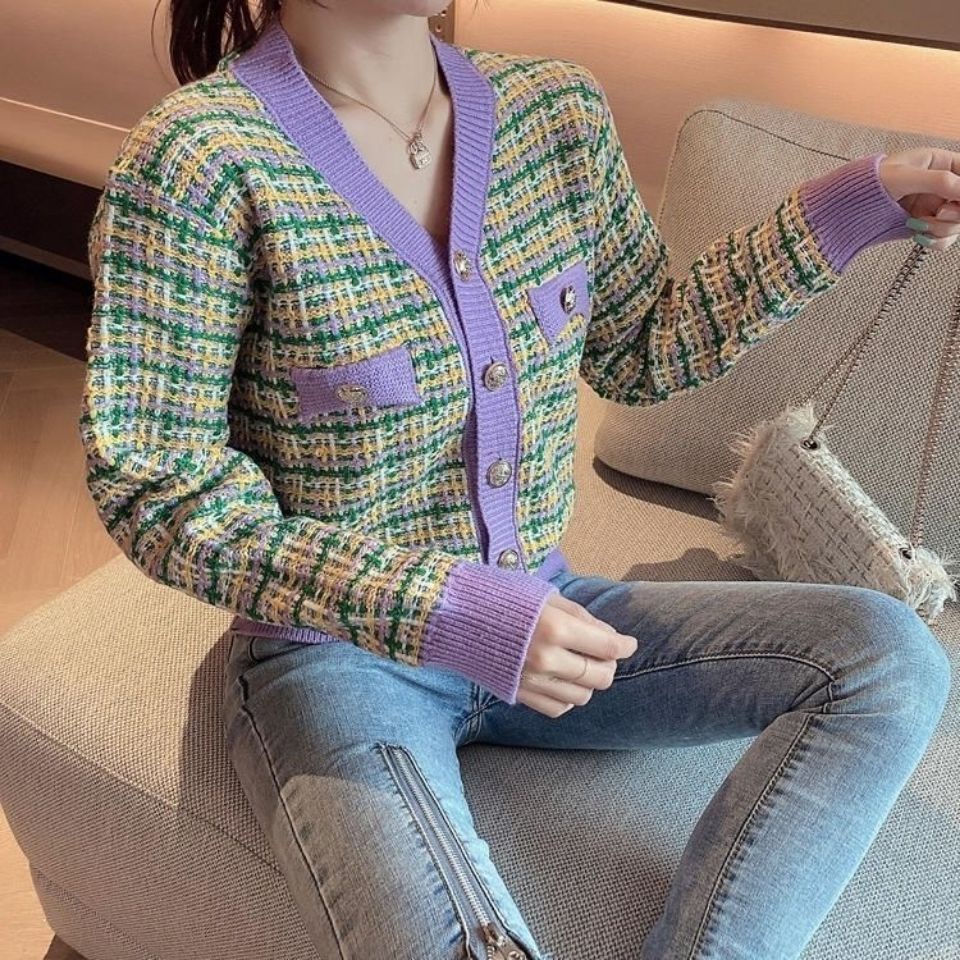 Áo khoác len cardigan họa tiết sọc caro phong cách Hàn Quốc thời trang cho nữ