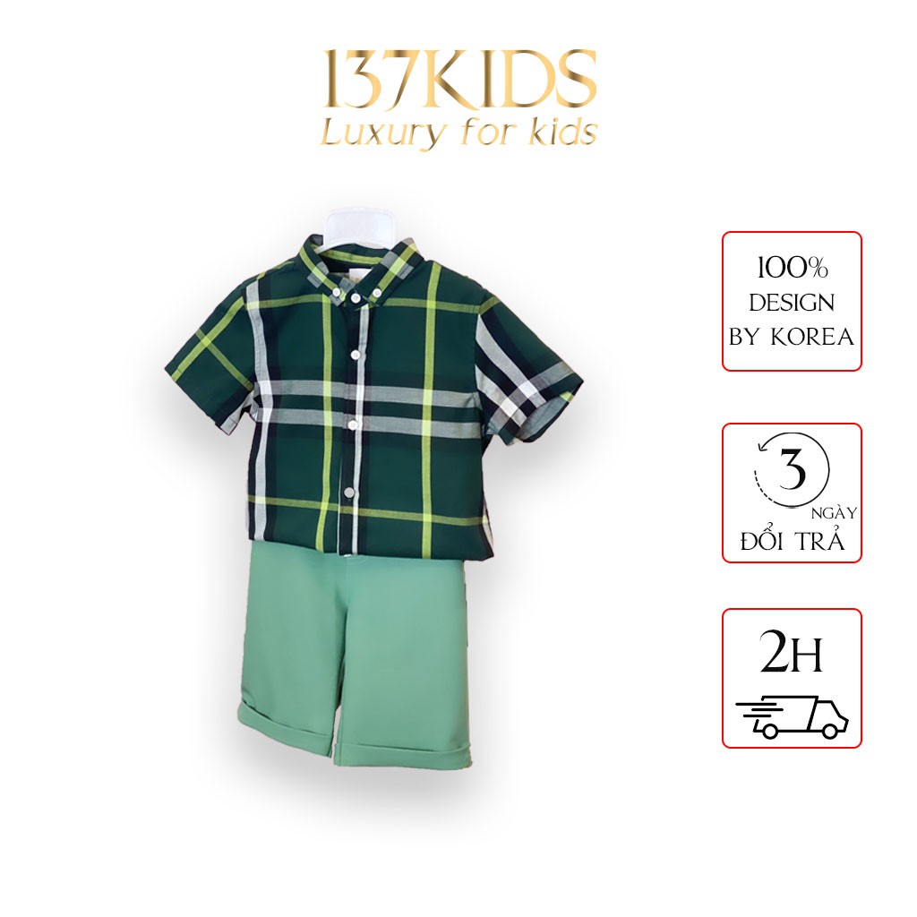 Áo sơ mi caro burberry xanh rêu thiết kế cho bé trai 137Kid chất cotton thấm hút mồ hôi