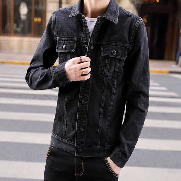 Men Long Sleeve Lapel Denim Jacket with Button for Campus Casual for Spring Autumn