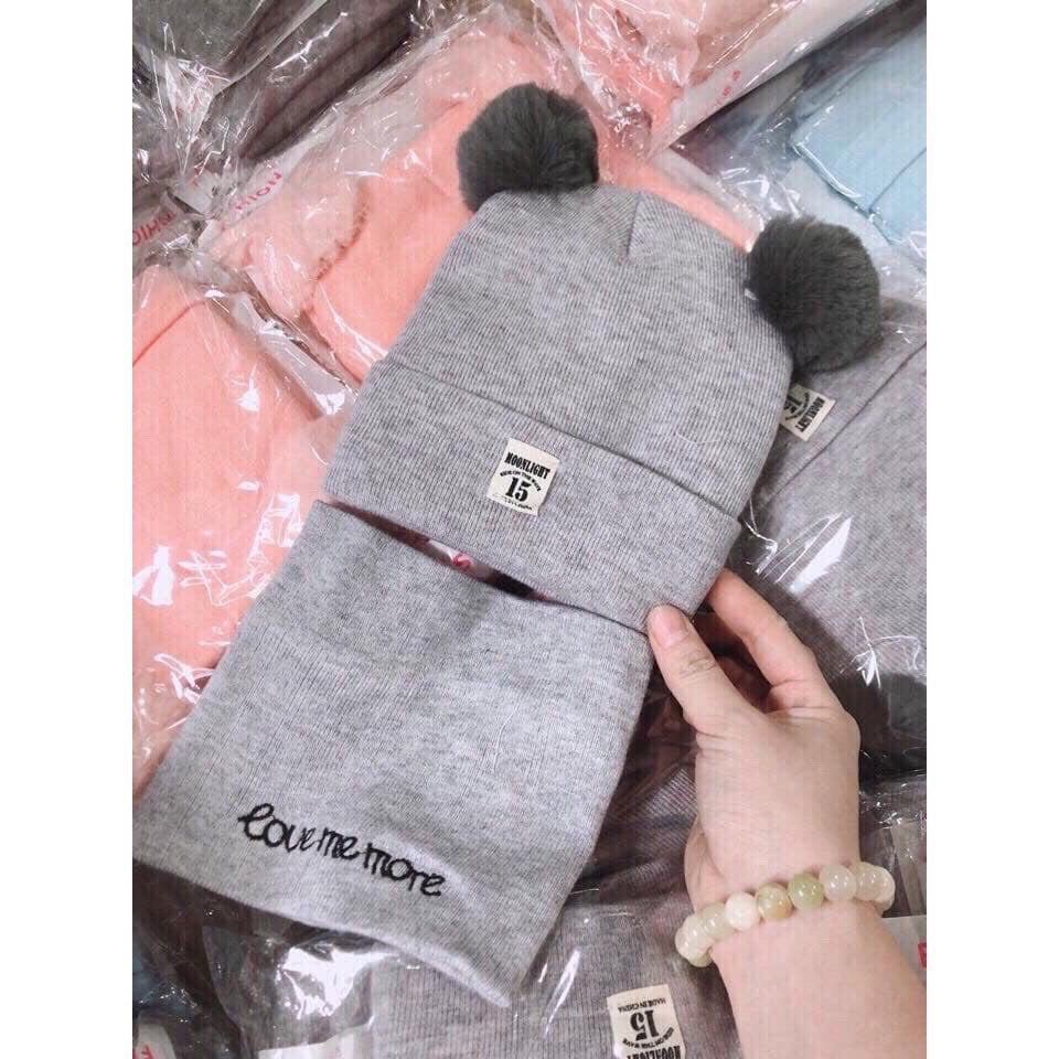 Set Mũ len hai quả bông kèm khăn ống siêu yêu cho bé