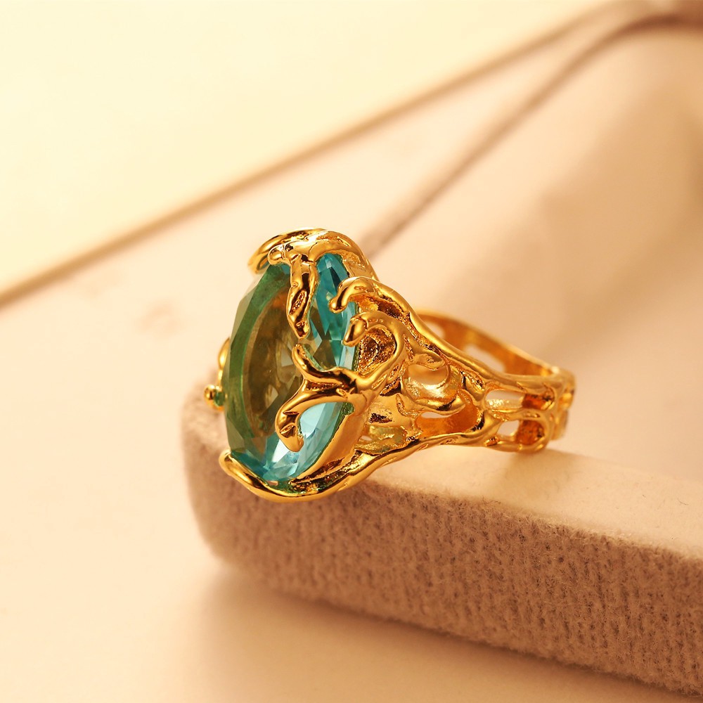 Nhẫn mạ vàng 18K đính đá pha lê xanh dương phong cách Âu Mỹ sang trọng quý phái