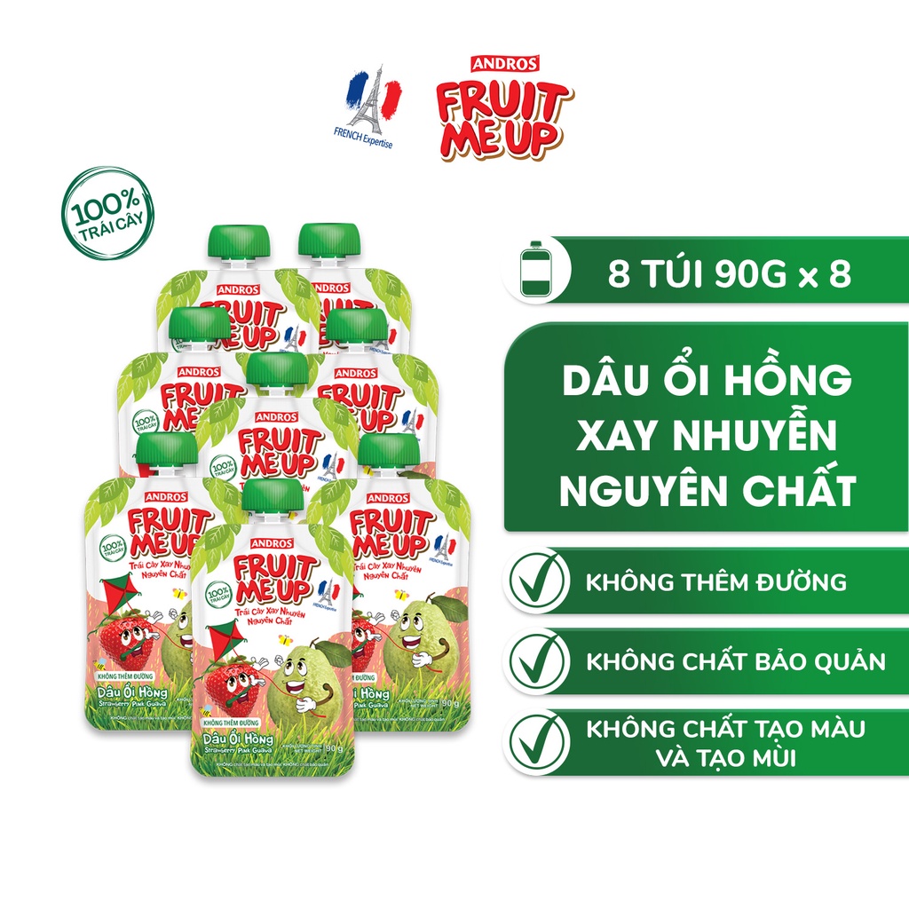 Combo 8 túi Trái Cây Xay Nhuyễn Vị Dâu Ổi hồng - 100% trái cây thật - ANDROS FRUIT ME UP - 90gx8