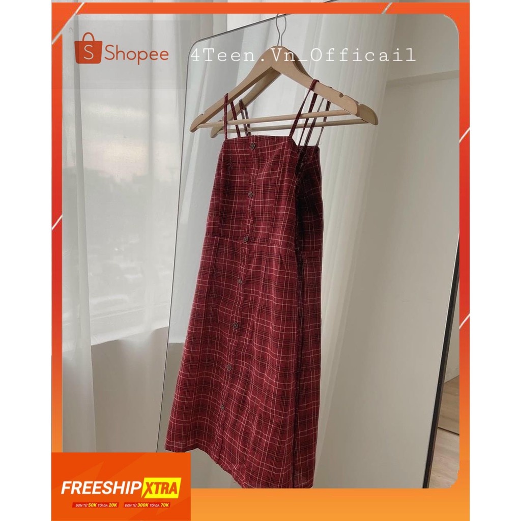 [4Teen.Vn ]🌻ĐẦM CARO 2 DÂY CÓ DÂY BUỘC EO, váy 2 dây kẻ caro, váy 2 dây mùa hè 🌻 hình shop chụp thật