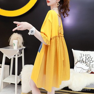 Kích Thước Lớn Mới Mùa Hè Mới Mới Ngắn TayTÁo Sơ Mi Váy Nữ Hàn Quốc Lỏng Lẻo Trở Lại Rỗng Thiết Kế Thích Hợp Đầm