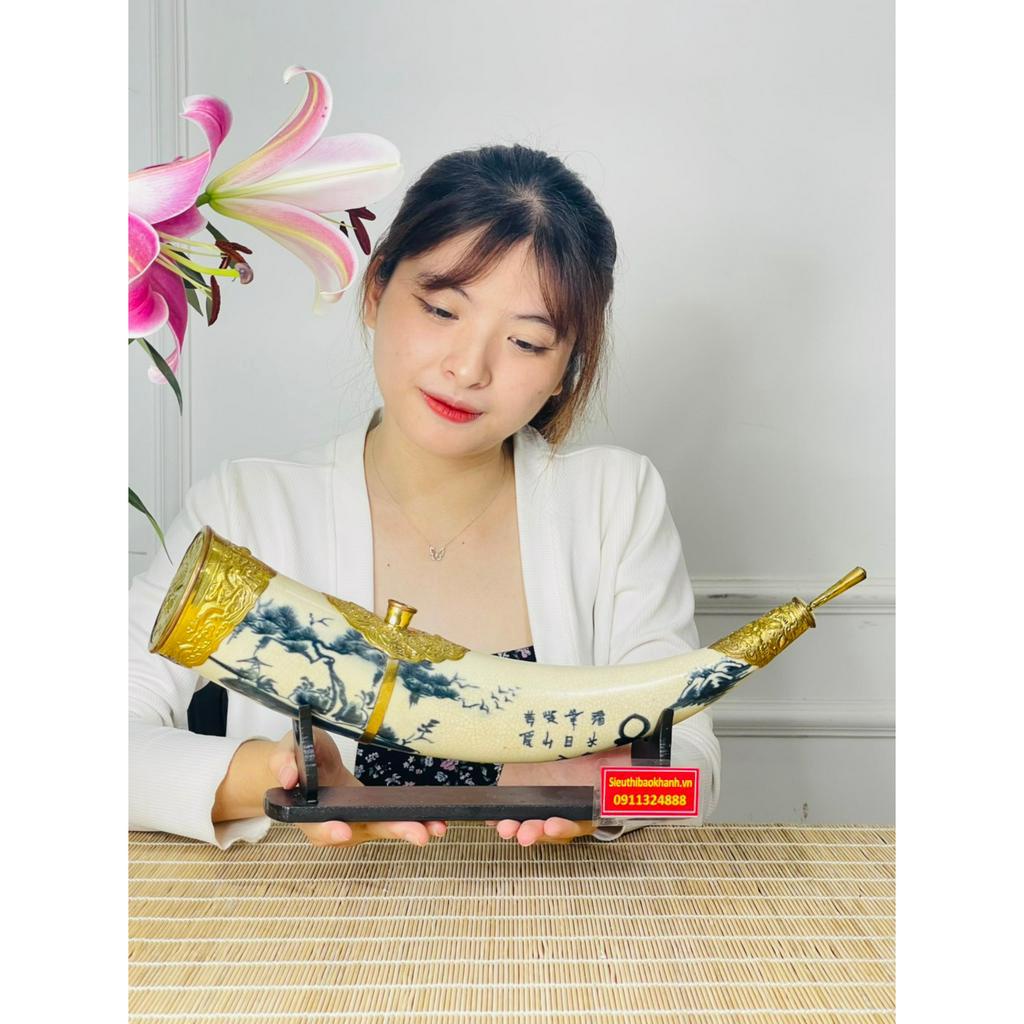 Điếu ngà giả cổ men rạn bọc đồng họa tiết Sơn Thủy Bát Tràng