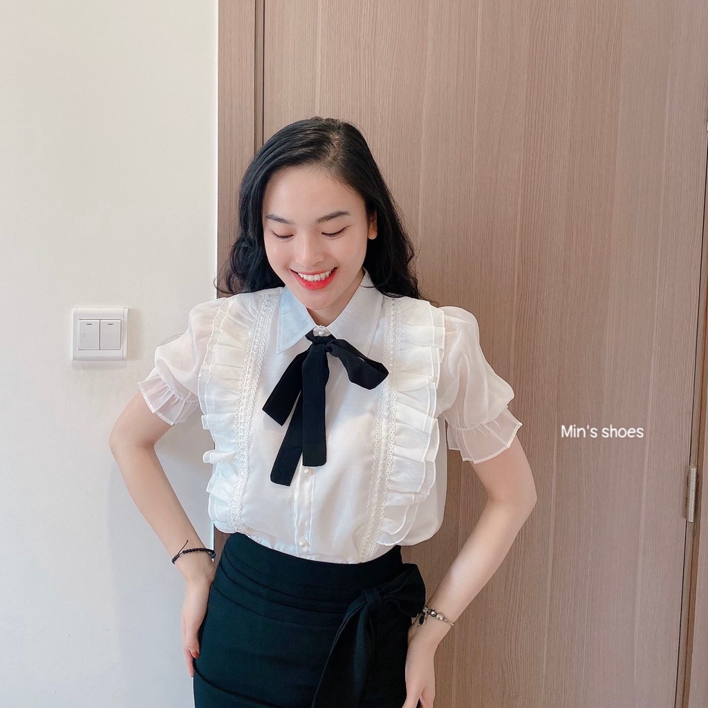 Min's Shoes - Áo sơ mi thiết kế kèm nơ lụa đen nữ tính, thanh lịch Áo 390