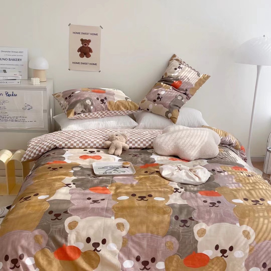 bộ chăn ga gối cotton living lonaabedding họa tiết gấu nhiều màu ( full size)