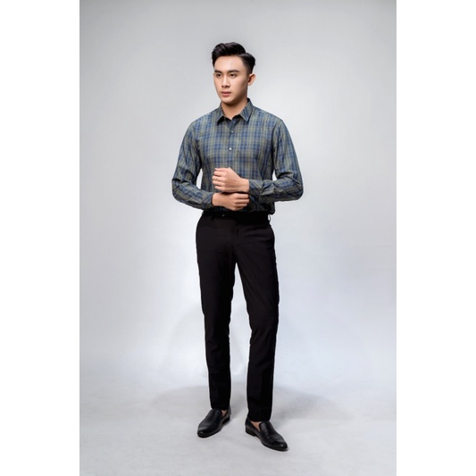 Áo Sơ Mi Nam Tay Dài Owen AS23219D Màu Navy Rêu Kẻ Caro Kiểu Dáng Slim Fit Không Túi Chất Liệu Sợi Tre Cao Cấp