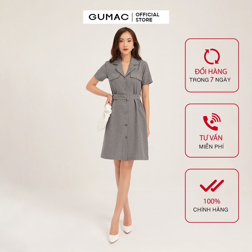 Đầm suông nữ GUMAC cổ vest trẻ trung, màu xám đủ size DB1171