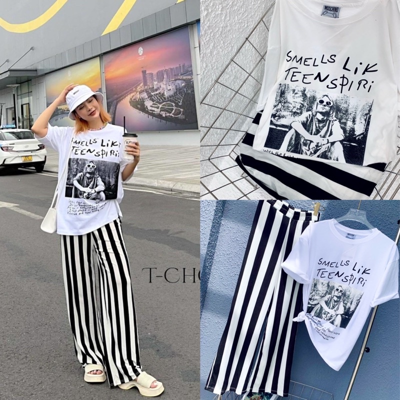 Set áo cotton quần sọc trắng đen vải đẹp giá tốt - HN Closet