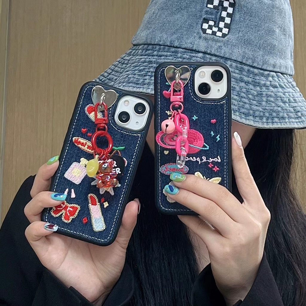 Ốp Điện Thoại Tpu denim Mềm Chống Trượt Thêu Hình Hoạt Hình Có Dây Đeo Cổ Tay Cho iphone 11 12 13 pro xs max xr