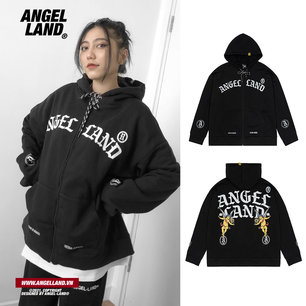 Áo Hoodie Khoá Kéo Angel-Land Chính hãng Retro-Angel Đen