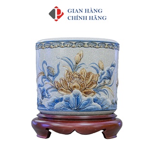 Bát hương Men Rạn Đắp Nổi họa tiết SEN, đồ thờ cúng Phùng Gia - Gốm sứ Bát Tràng cao cấp