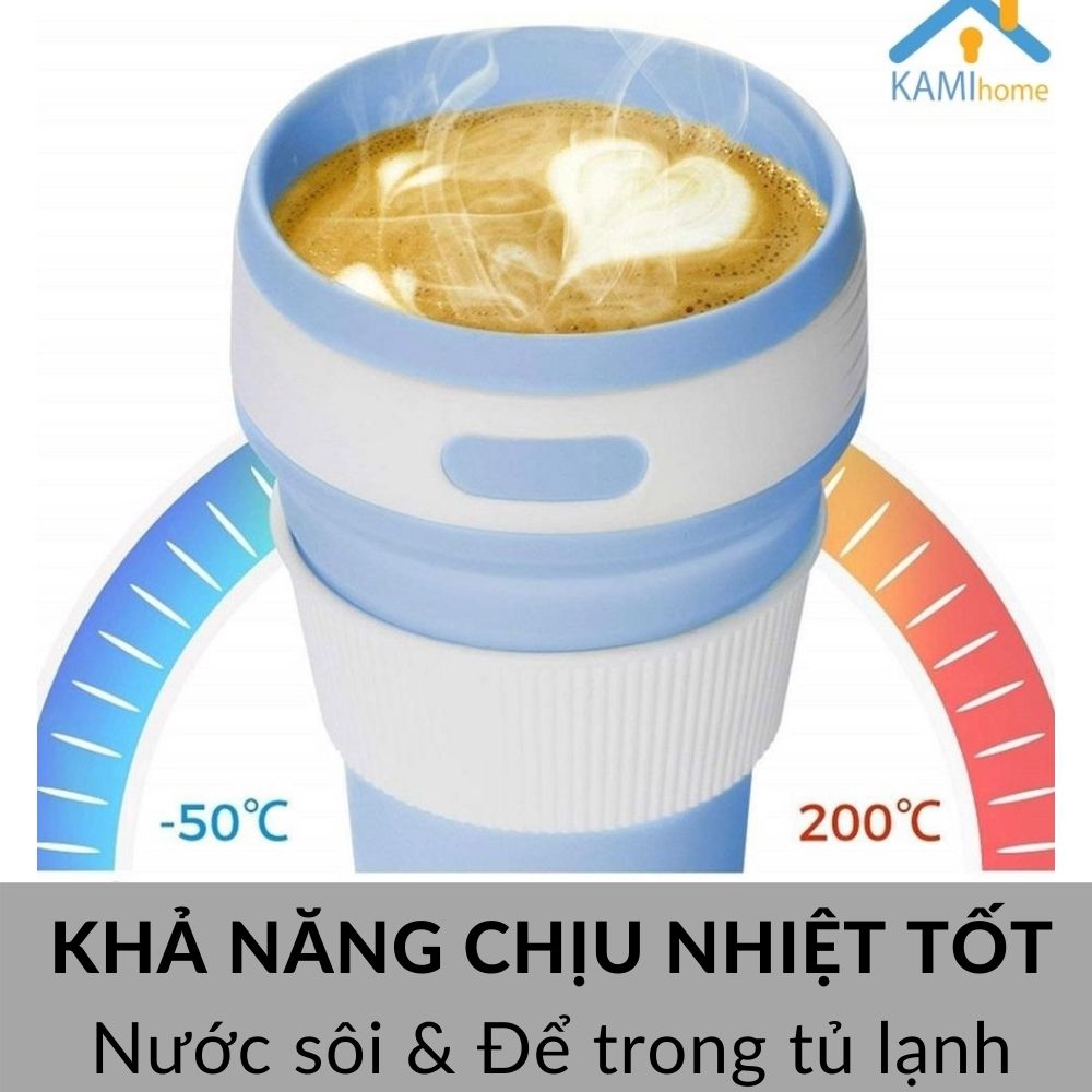 Ly gấp gọn chịu nhiệt có nắp và ống hút 350ml chất liệu Silicone an toàn và chịu nhiệt mã 22012