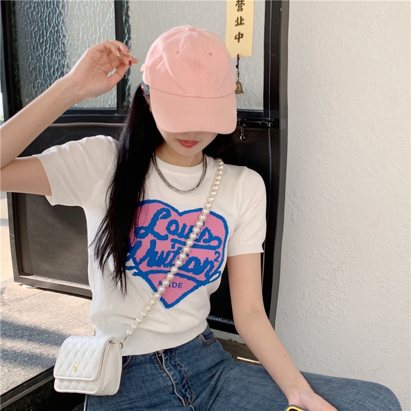 Áo thun ZHELIHANGFEI tay ngắn dệt kim thêu họa tiết xinh xắn thời trang cho nữ tùy chọn màu sắc