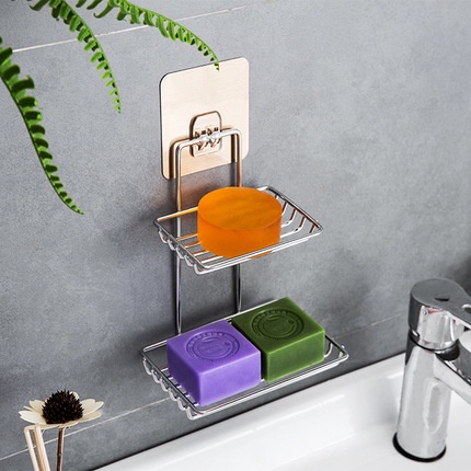 Kệ đựng xà phòng 2 tầng inox dán tường kèm móc treo tiện lợi