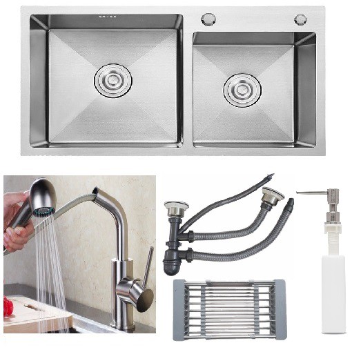 Combo chậu rửa chén bát inox Valenza 7843 hai hố lệch,vòi rửa bát đầu rút 02, bộ xả chậu, rá inox đa năng, bình xà phòng | BigBuy360 - bigbuy360.vn