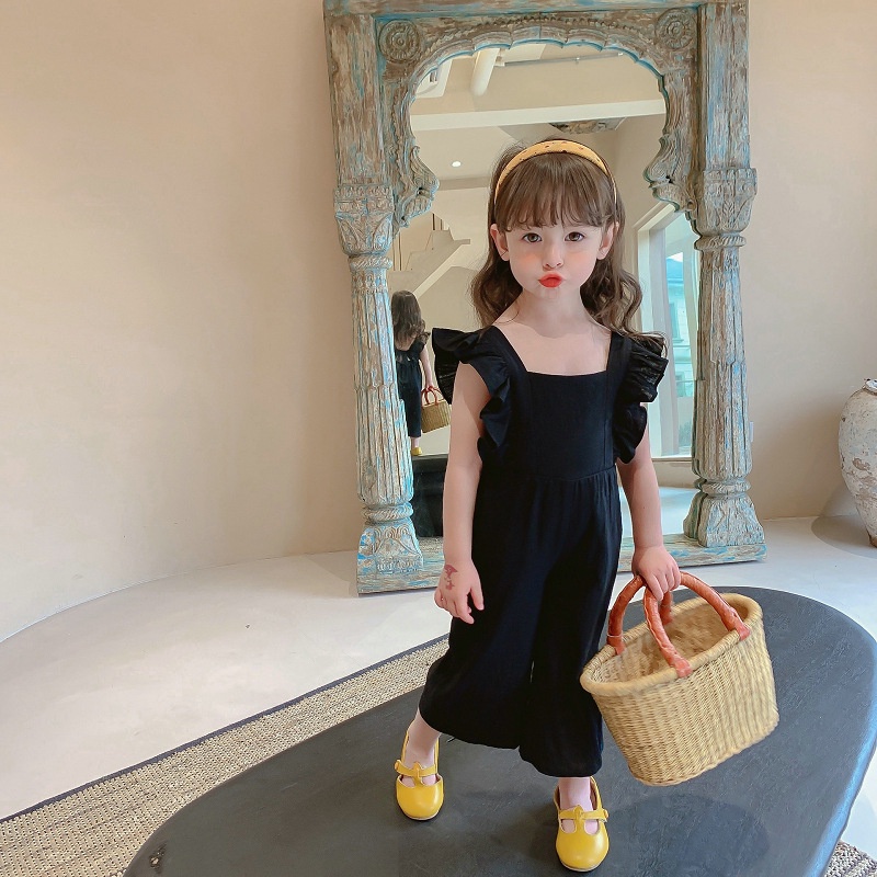 Bộ Áo Liền Quần Sát Nách Viền Ren Màu Trơn Bằng Vải Cotton Cho Bé Gái 2-7 Tuổi