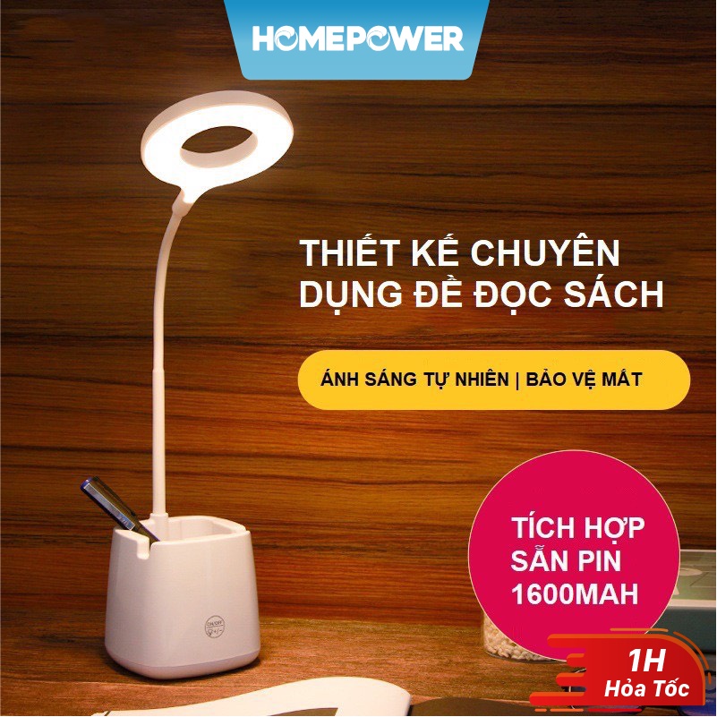Đèn Bàn Học Đọc Sách LED Homepower Chống Cận 03 Chế Độ Ánh Sáng Vàng Bảo Vệ Mắt Có Hộp Bút Và Giá Để Điện Thoại