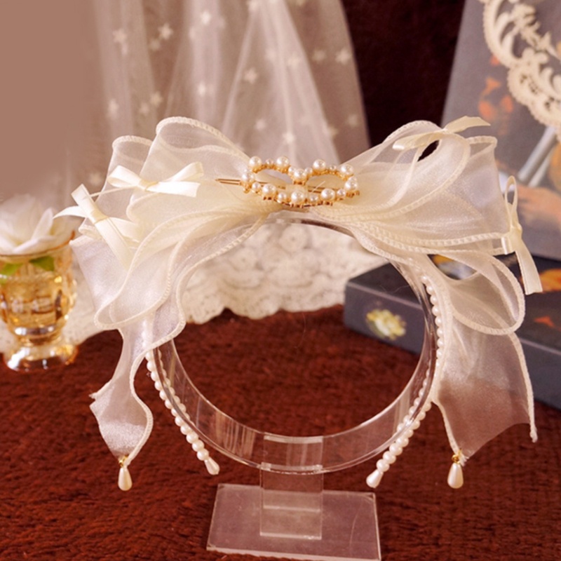Băng Đô Nơ Đính Ngọc Trai Giả Bằng Vải Organza Phong Cách Lolita Dành Cho Chụp Ảnh