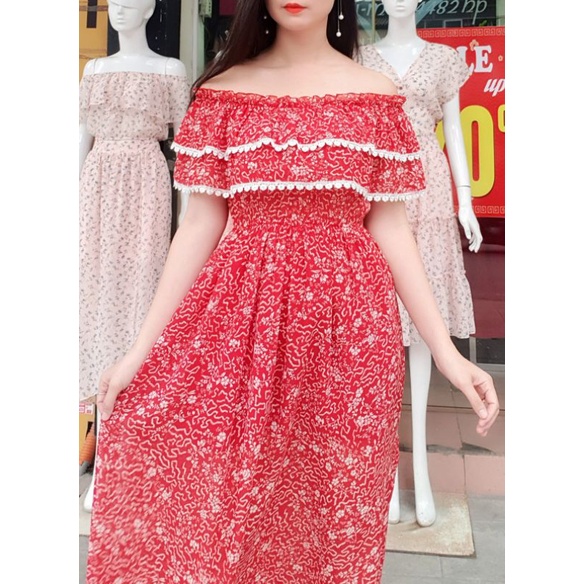 🌴Váy Maxi dài thướt tha cổ bèo to 2 tầng phối ăngten❤mặc trễ vai hay cổ thuyền đều xinh❤là hàng thiết kế may kỹ❤Ảnh thật