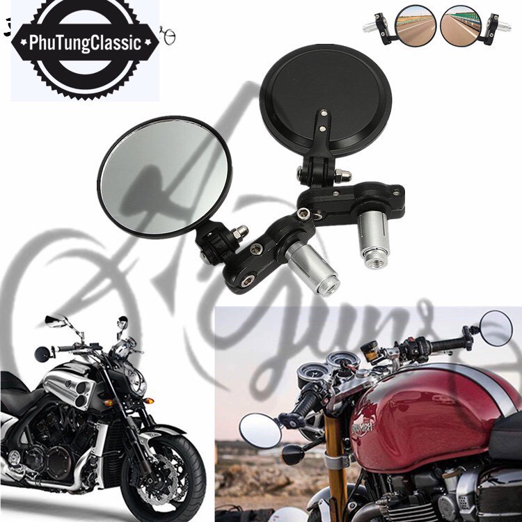 Gương gù classic hình tròn, có báng gập, độ mọi dòng xe vespa, classic, cafe racer....