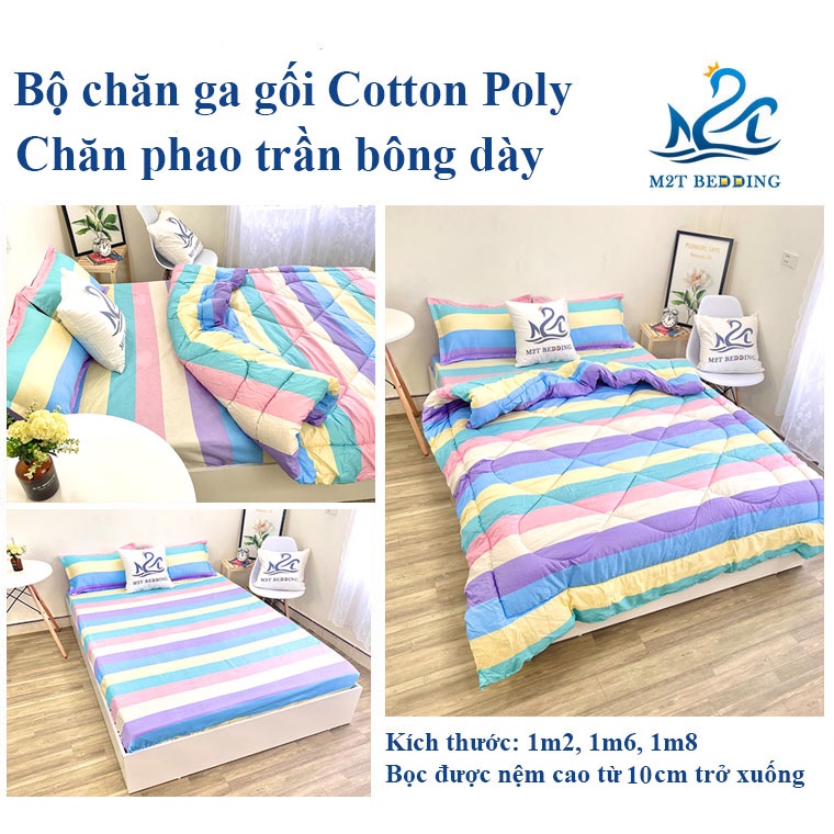 Bộ chăn ga gối Cotton poly M2T Bedding, chăn phao siêu nhẹ dày ấm họa tiết drap mền đáng yêu