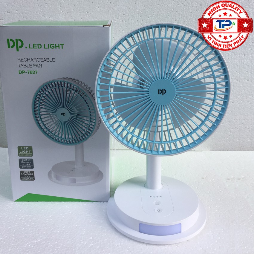 Quạt sạc tích điện DP DP-7627 / DP-1434 tích hợp đèn LED chiếu sáng - loại quạt lớn gió rất mạnh (xanh)