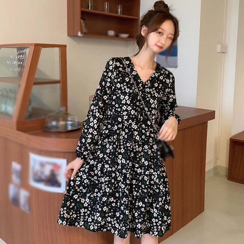 Đầm Tay Dài Lưng Cao Hoạ Tiết Hoa Phong Cách Retro