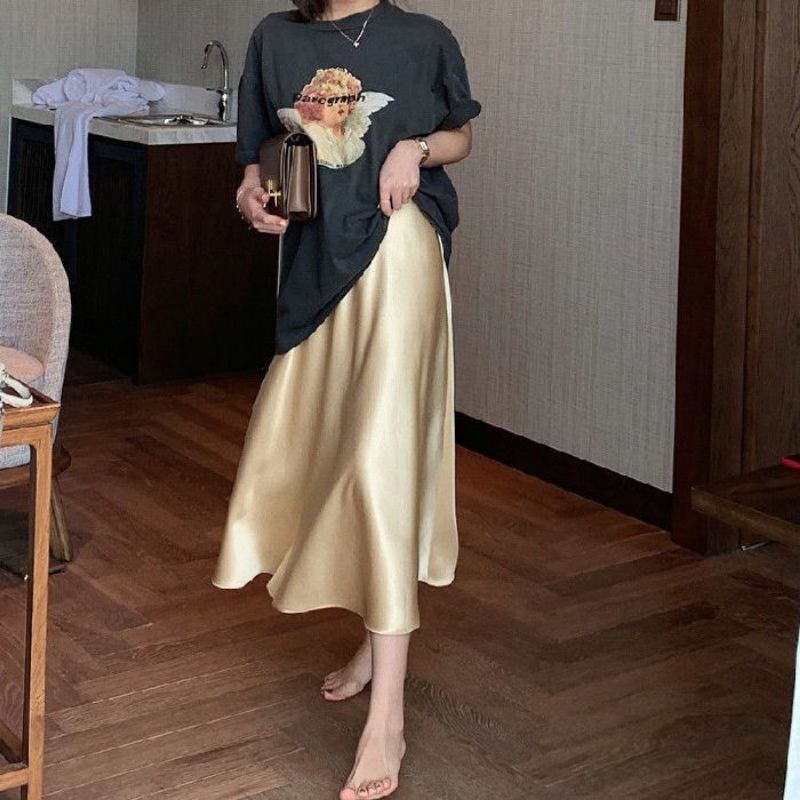 Chân Váy Lụa Dáng A Satin Bóng 2 Màu Đen/Nude