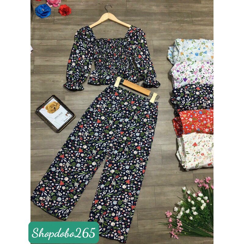 Set đồ nữ,đồ bộ ngủ mặc nhà vải lụa quần ống rộng hoạ tiết hoa nhí siêu cute size 40-55kg.