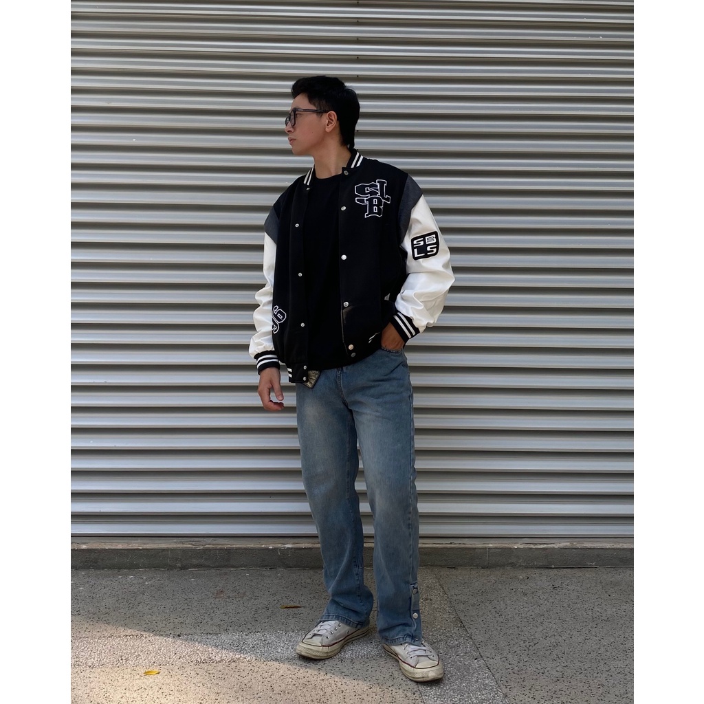 Áo khoác bomber Symbolic Varsity jacket chất dạ 2 lớp áo bomber phối tay da Pu cao cấp