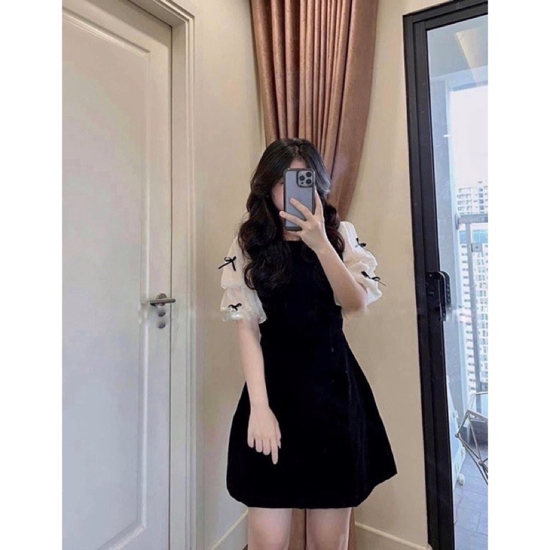 Váy Nhung Đen Phối Tay Bồng Đính Nơ