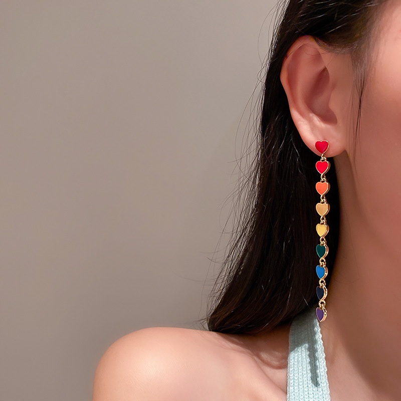 Bông Tai Dáng Dài Hình Trái Tim Nhiều Màu Thời Trang Phong Cách Hàn Quốc