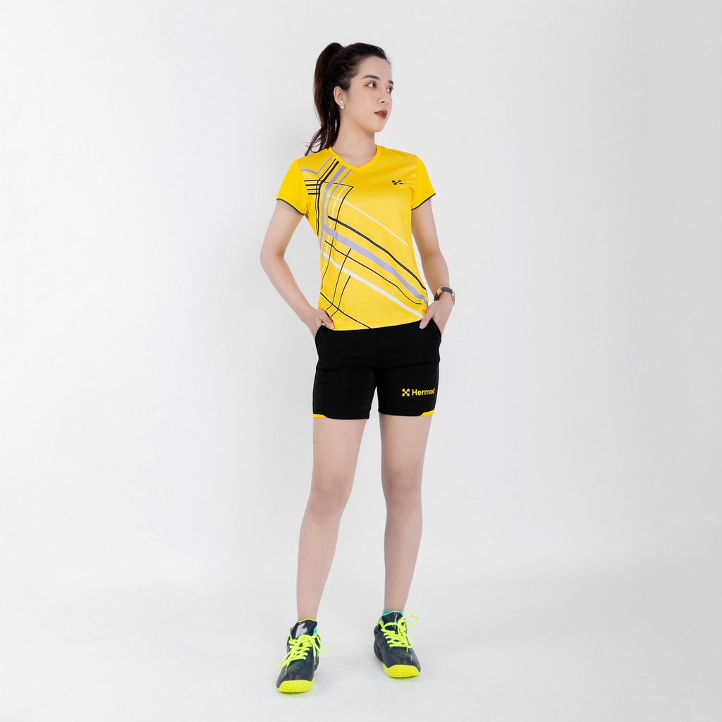 Áo thun lạnh thể thao, áo phông nữ cầu lông, bóng đá, bóng chuyền cổ tim ngắn tay vải thoáng mát nhẹ, tôn dáng tuyệt đối