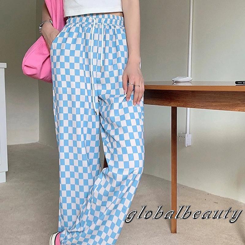 Quần Dài Ống Rộng Họa Tiết Caro Lưng Thun Co Giãn Có Thể Điều Chỉnh Thời Trang Mùa Xuân Cho Nữ 00GB