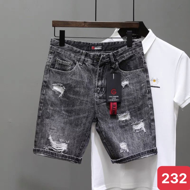 Quần đùi short jean nam màu xám đen đậm trơn rách chất bò cao cấp co dãn 4 chiều đẹp from dáng skinny chuẩn ADO35