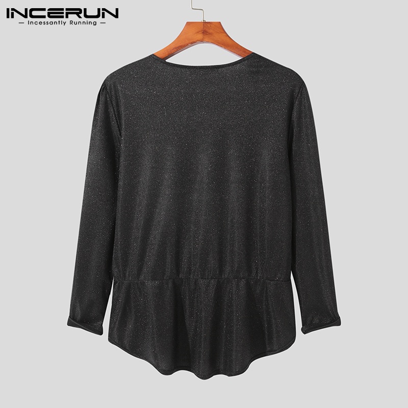 Áo sơ mi INCERUN tay dài cổ chữ v màu đen thời trang cho nam