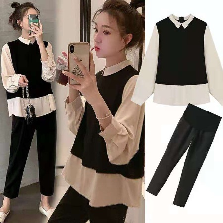 Đầm Sơ Mi Tay Dài Giả Hai Lớp Màu Sắc Tương Phản Phong Cách Hàn Quốc Thời Trang Mùa Thu Cho Mẹ Bầu