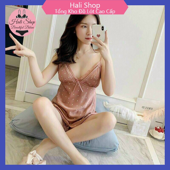 Bộ Đồ Ngủ ❤️FREESHIP❤️ Bộ Đồ Ngủ Áo Hai Dây Ren  Vải Lụa Satin Phối Chấm Bi Gợi Cảm Cho Nữ