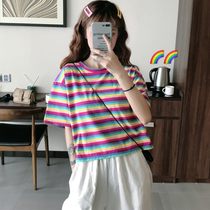 Áo Thun Lửng Tay Ngắn Kẻ Sọc Cầu Vồng Thời Trang Cho Nữ