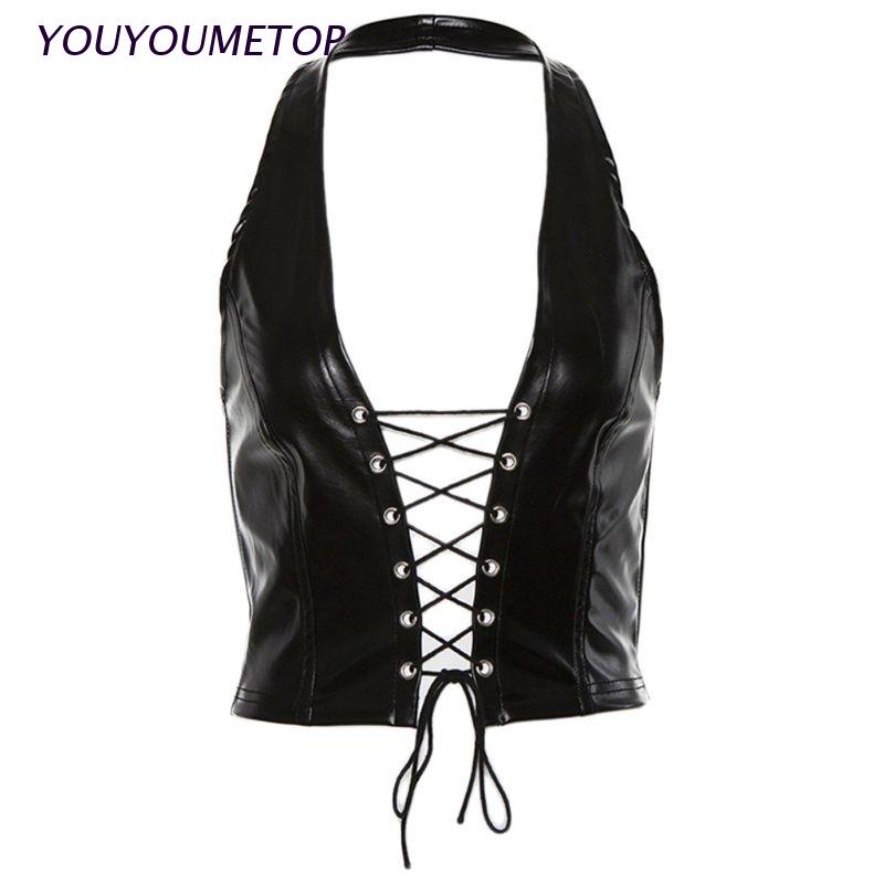 Áo croptop giả da không tay cổ V đan dây chéo lưng gợi cảm cho nữ