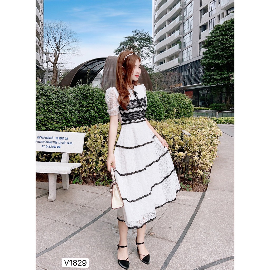 Váy ren trắng phối đen V1829 - Đẹp Shop DVC (Kèm ảnh thật trải sàn do shop tự chụp)