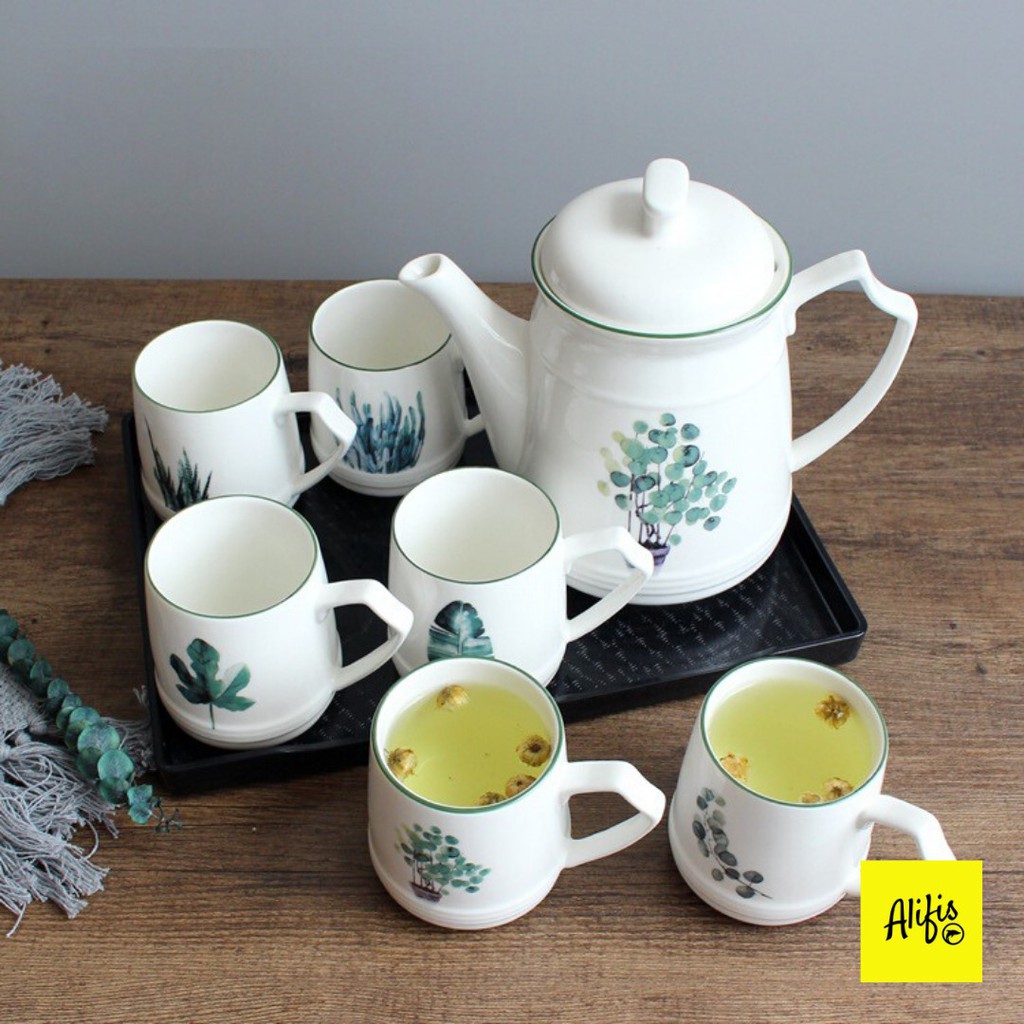 Bộ bình trà 6 cốc kèm khay/giá úp cao cấp – Họa tiết cây lá nhiệt đới - HÀNG CÓ SẴN