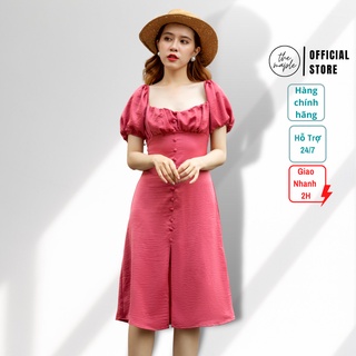 Đầm công sở cổ U tay bồng nhẹ The Maple Hồng size L