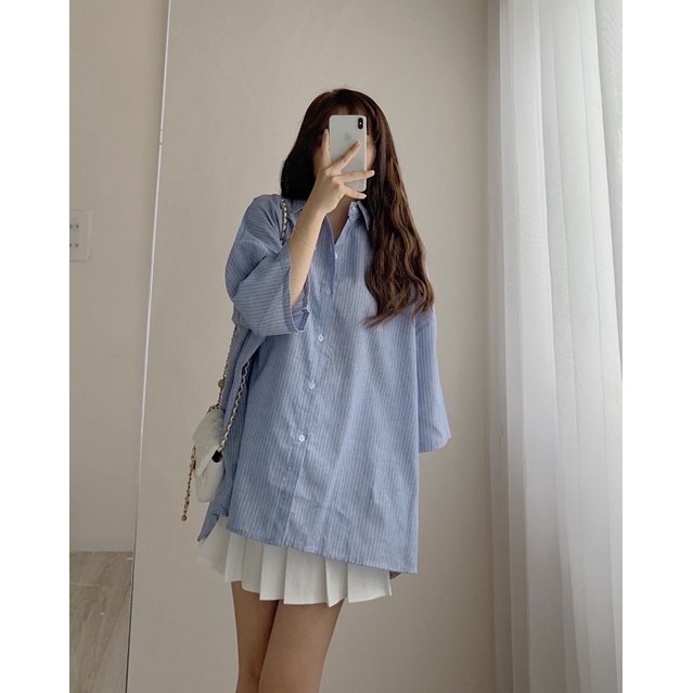 Áo sơ mi nữ kiểu tay lỡ, Áo sơ mi kẻ sọc form rộng ulzzang phong cách Hàn Quốc hottrend