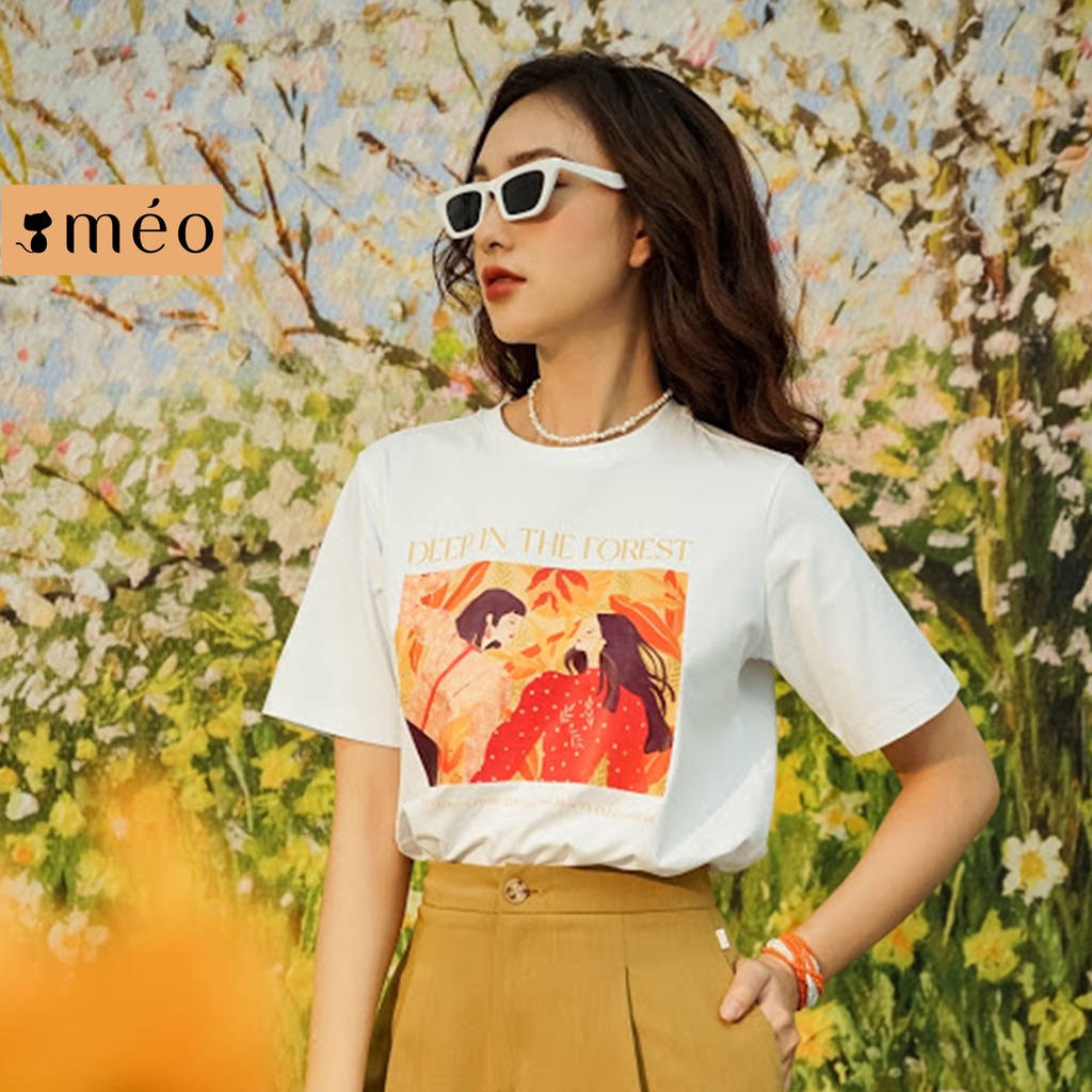 Áo thun nữ Méo shop phông nữ cổ tròn cotton in hình Deep in the forest freesize form rộng